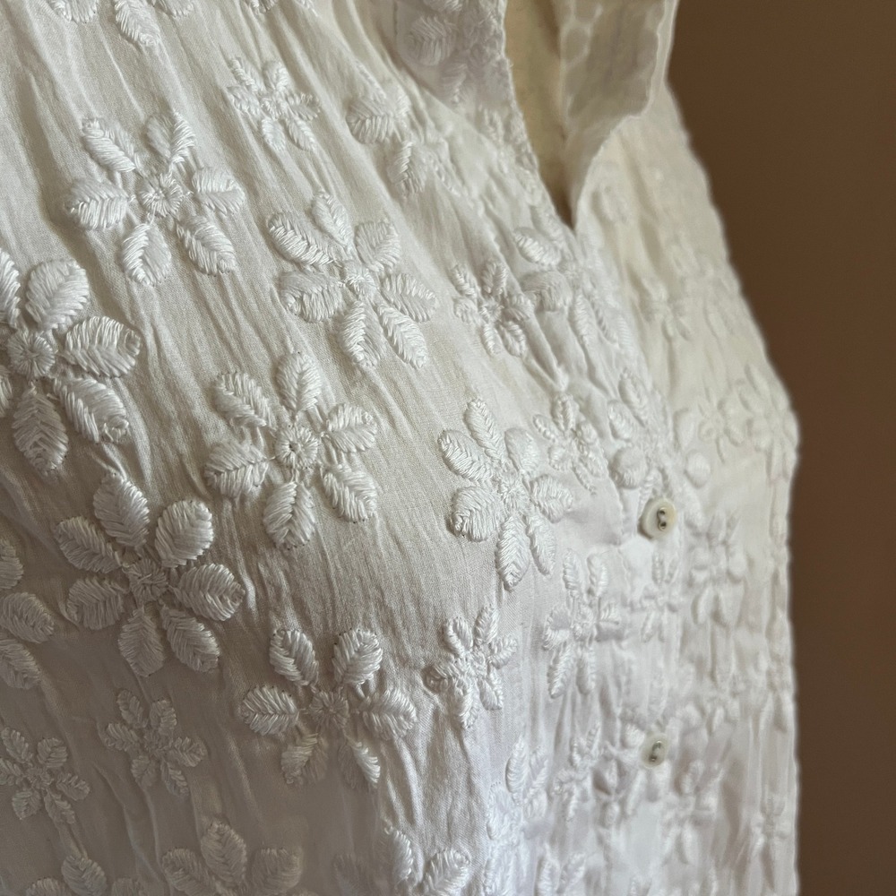Cino White Embroidered Cotton Button Down Blouse Small Boho Floral Coastal Top - Picture 4 of 10